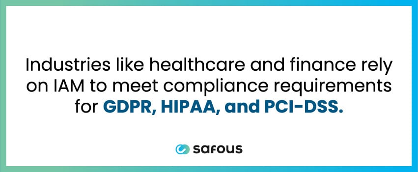 Industries like healthcare and finance rely on IAM to meet compliance requirements for GDPR, HIPAA, and PCI-DSS.