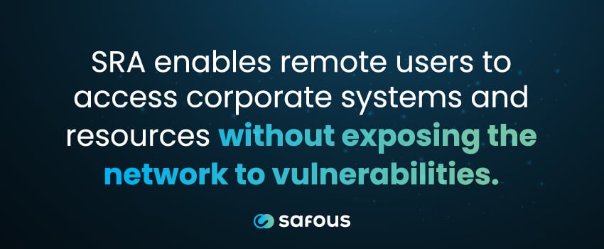 SRA enables remote users to access corporate systems and resources without exposing the network to vulnerabilities.