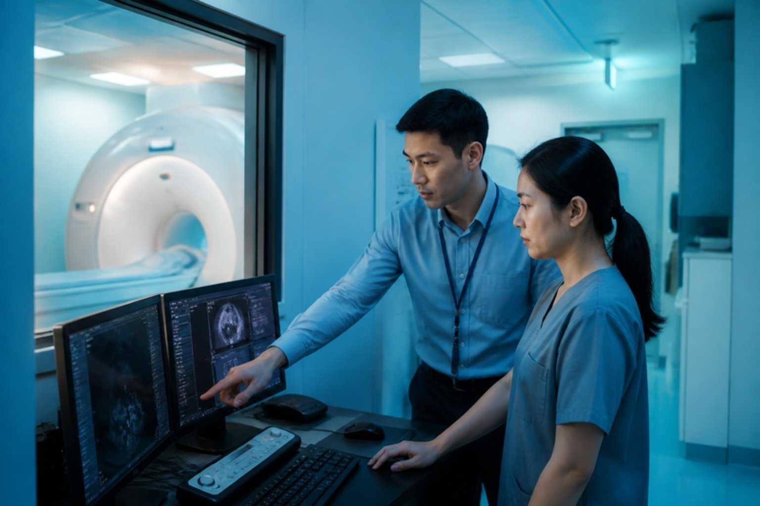Hospital IT engineer and imaging technician at a scanner workstation