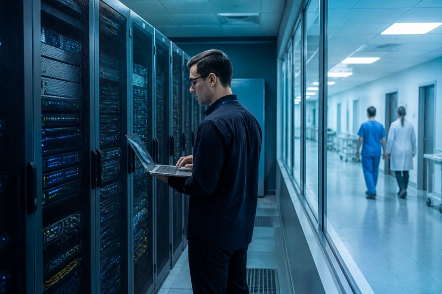 Hospital IT administrator in a server room