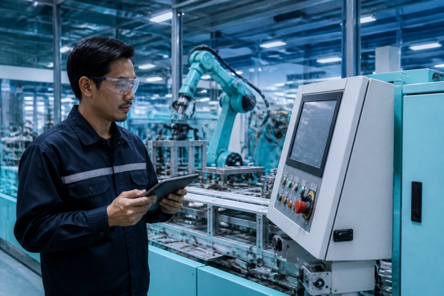 Engineer checking a machine HMI on an automated production line