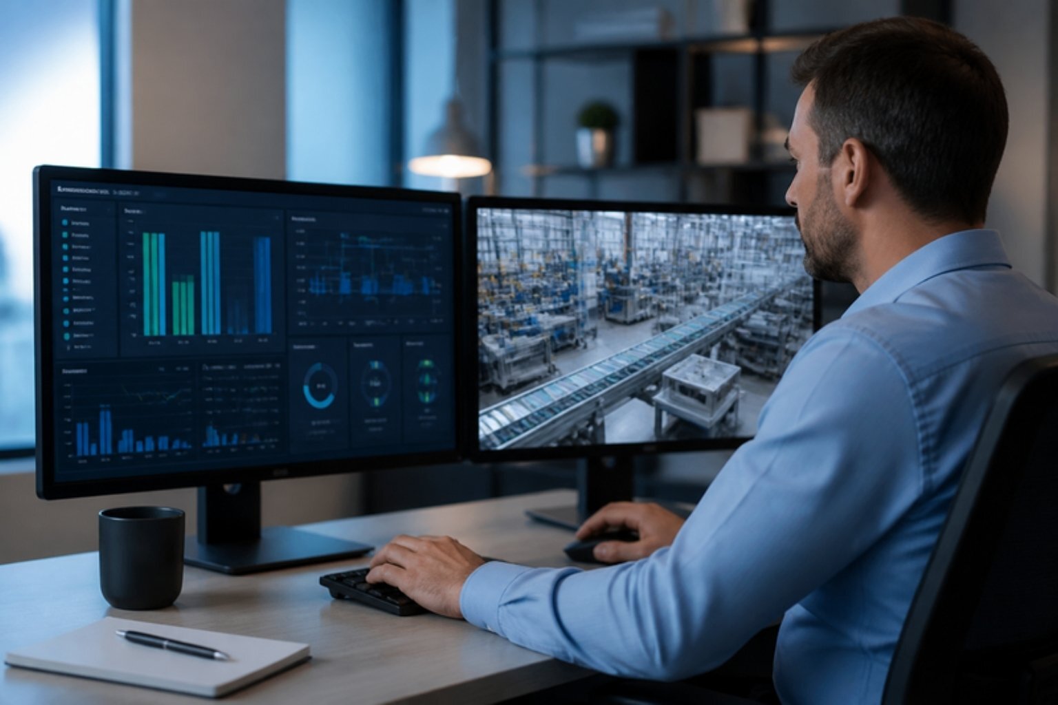 OEM support engineer monitoring a factory remotely